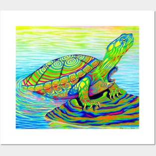 Psychedelic Neon Rainbow Painted Turtle Posters and Art